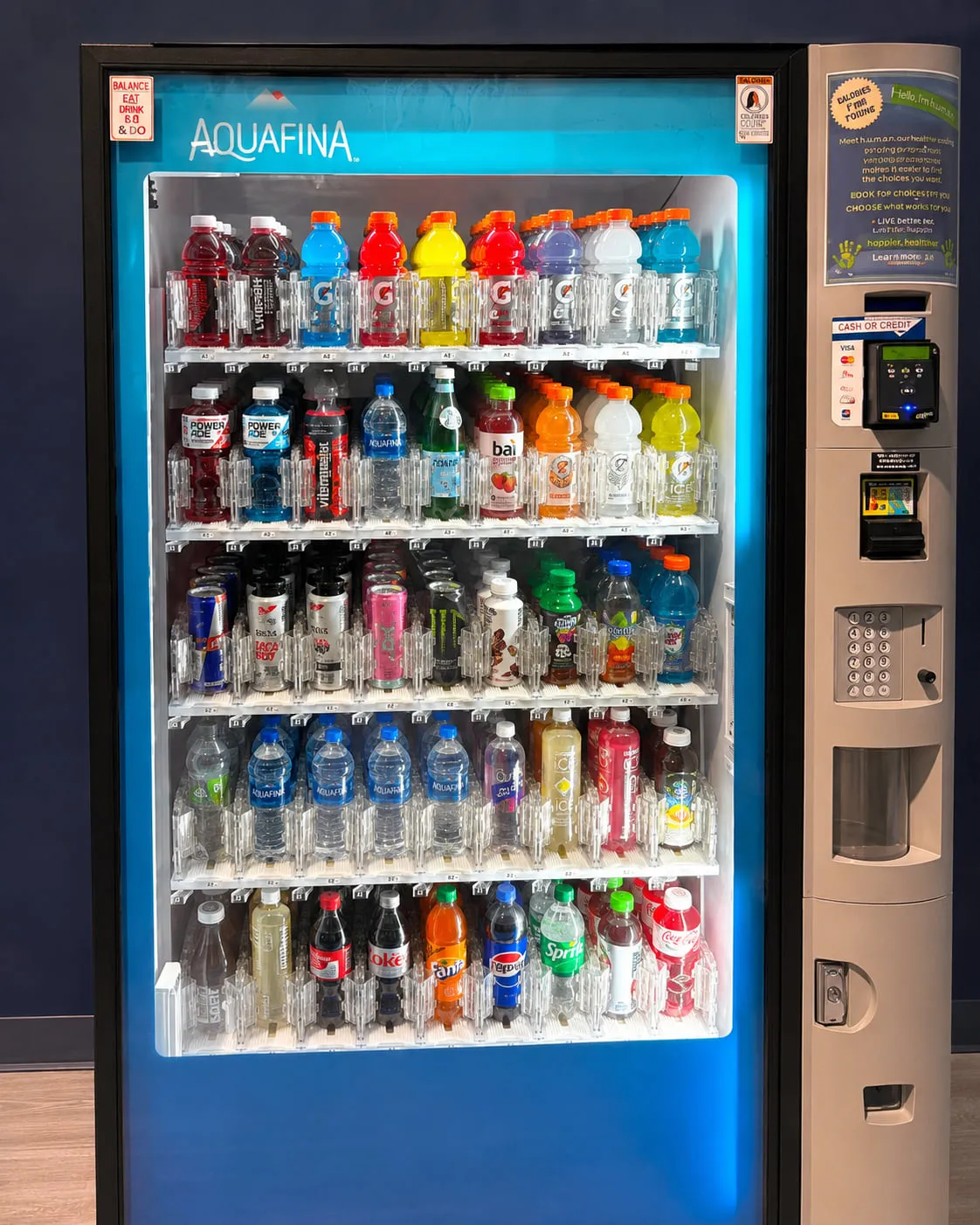 BevMax glass-front beverage vending machine stocked with Gatorade, Aquafina, Coca-Cola, Pepsi and energy drinks, with a cash-or-credit cashless reader